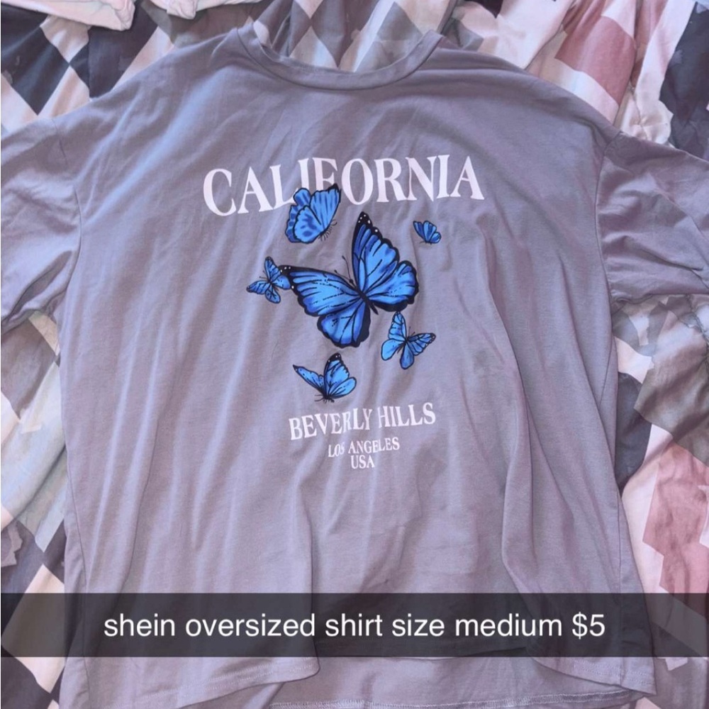 SHEIN Gray Tee with Blue Butterfly Print